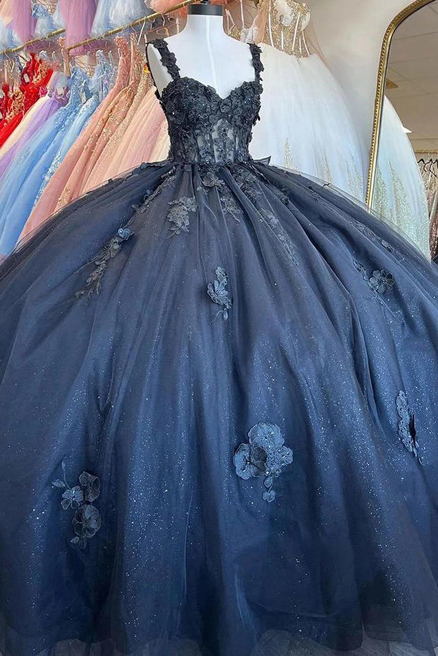 Elegant & Gorgeous Ball Gown Sweetheart Neck Straps 3D Flower Appliques Beaded Navy Blue Tulle Quinceanera Dress Princess Birthday Party Dress For Sweet 16