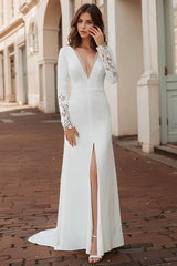 Elegant Lace Long Sleeves Wedding Dress With Front Split