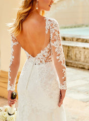 Elegant Lace/Tulle Wedding Dress with Long Sleeves and V Neck