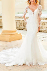 Elegant Lace/Tulle Wedding Dress with Long Sleeves and V Neck