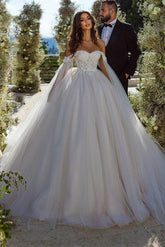 Elegant Lace/Tulle Wedding Dress with Off The Shoulder Long Sleeves
