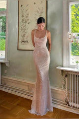 Elegant Light Champagne Sequin Bodycon Spaghetti Strap Prom Gown Formal Evening Gown