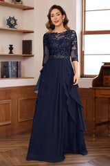Elegant Long A Line Mother of the Bride & Groom Dresses with 3/4 Sleeves Lace Appliques and Ruffles