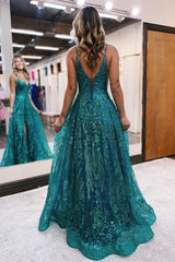 Elegant Long A Line Spaghetti Straps Lace Sleeveless Prom Dress With Slit