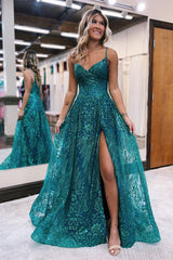 Elegant Long A Line Spaghetti Straps Lace Sleeveless Prom Dress With Slit