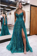 Elegant Long A Line Spaghetti Straps Lace Sleeveless Prom Dress With Slit