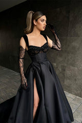 Elegant Long Black Lace Sleeveless Prom Dress Long Slit