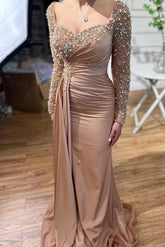 Elegant Long Mermaid Beading Prom Dress With Long Sleeves