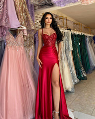 Elegant Long Red Spaghetti Straps Sequins Lace Sleeveless Prom Dress Long Slit