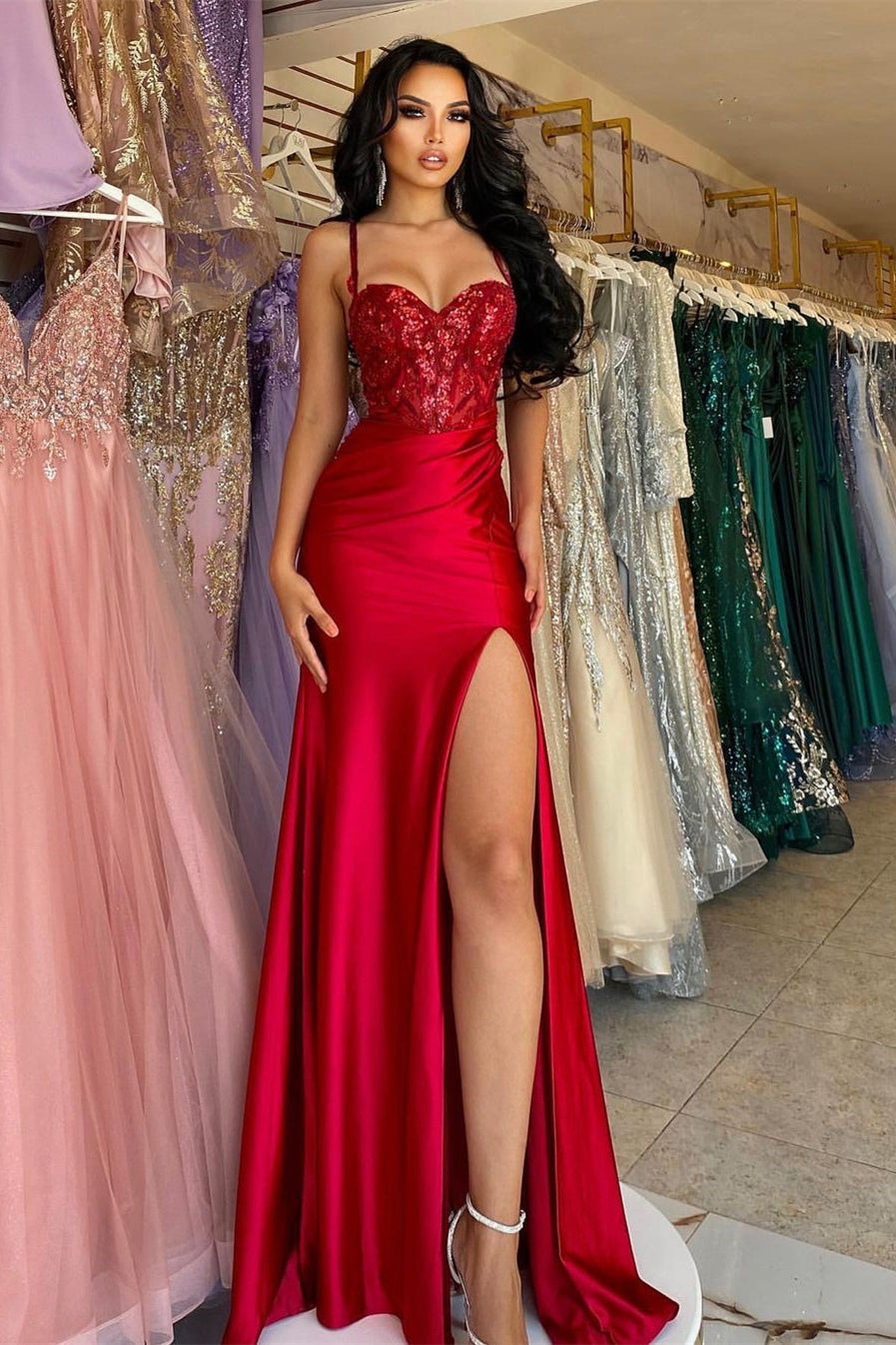 Elegant Long Red Spaghetti Straps Sequins Lace Sleeveless Prom Dress Long Slit