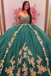 Elegant & Luxury Ball Gown Off Shoulder Gold Appliques Emerald Green Tulle Princess Birthday Party Dress Quinceanera Dress For Sweet 16