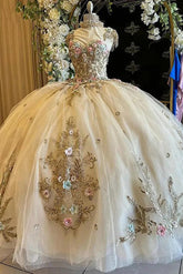 Elegant & Luxury Ball Gown Sweetheart Neck 3D Flowers Lace Appliques Beaded Bow Knot Champagne Tulle Quinceanera Dress Birthday Party Gown For Sweet 16