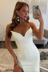 Elegant Mermaid Sweetheart White Long Prom Dress With Beading Formal Evening Gown