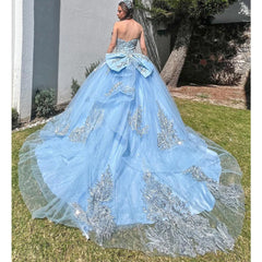 Elegant & Modern Ball Gown Strapless Lace Appliques Beaded Tiered Ruffles Sky Blue Tulle Quinceanera Dress Birthday Party Gown For Sweet 16