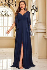 Elegant Navy Chiffon Wedding Guest Dress With Slit
