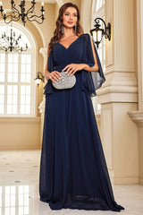 Elegant Navy Chiffon Wedding Guest Dress With Slit