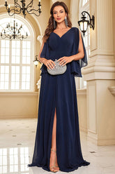 Elegant Navy Chiffon Wedding Guest Dress With Slit