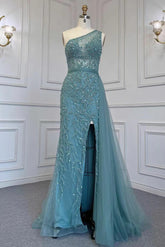 Elegant One Shoulder Tulle Evening Dress with Beadings, Slit, and Rhinestone