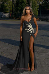 Elegant One Shoulder Yellow High Split Sleevless Mermaid Prom Dress