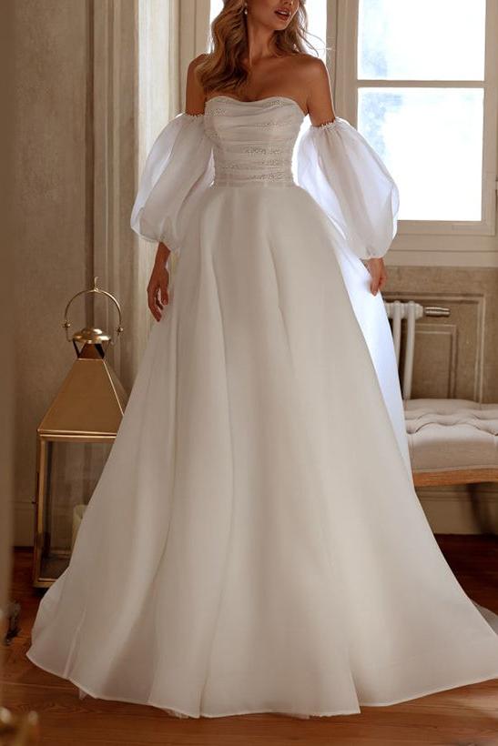 Elegant Organza Wedding Dress with Beading and A Line Silhouette