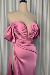 Elegant Pink Evening Dress Charmeuse V Neck with Pleated Slit