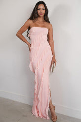 Elegant Pink Strapless Cascading Ruffle Long Prom Evening Dress Formal Evening Gown