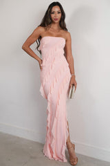 Elegant Pink Strapless Cascading Ruffle Long Prom Evening Dress Formal Evening Gown