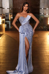 Elegant Purple Off the Shoulder Long Evening Dress Evening Dress with Slit High Neck Beadings