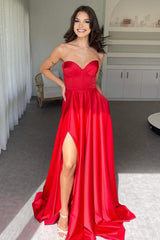 Elegant Red Sweetheart Satin A-Line Prom Dress With High Leg Slit Formal Evening Gown