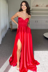 Elegant Red Sweetheart Satin A-Line Prom Dress With High Leg Slit Formal Evening Gown
