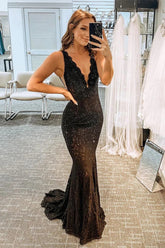 Elegant Rhinestone Black Lace Mermaid Prom Dress