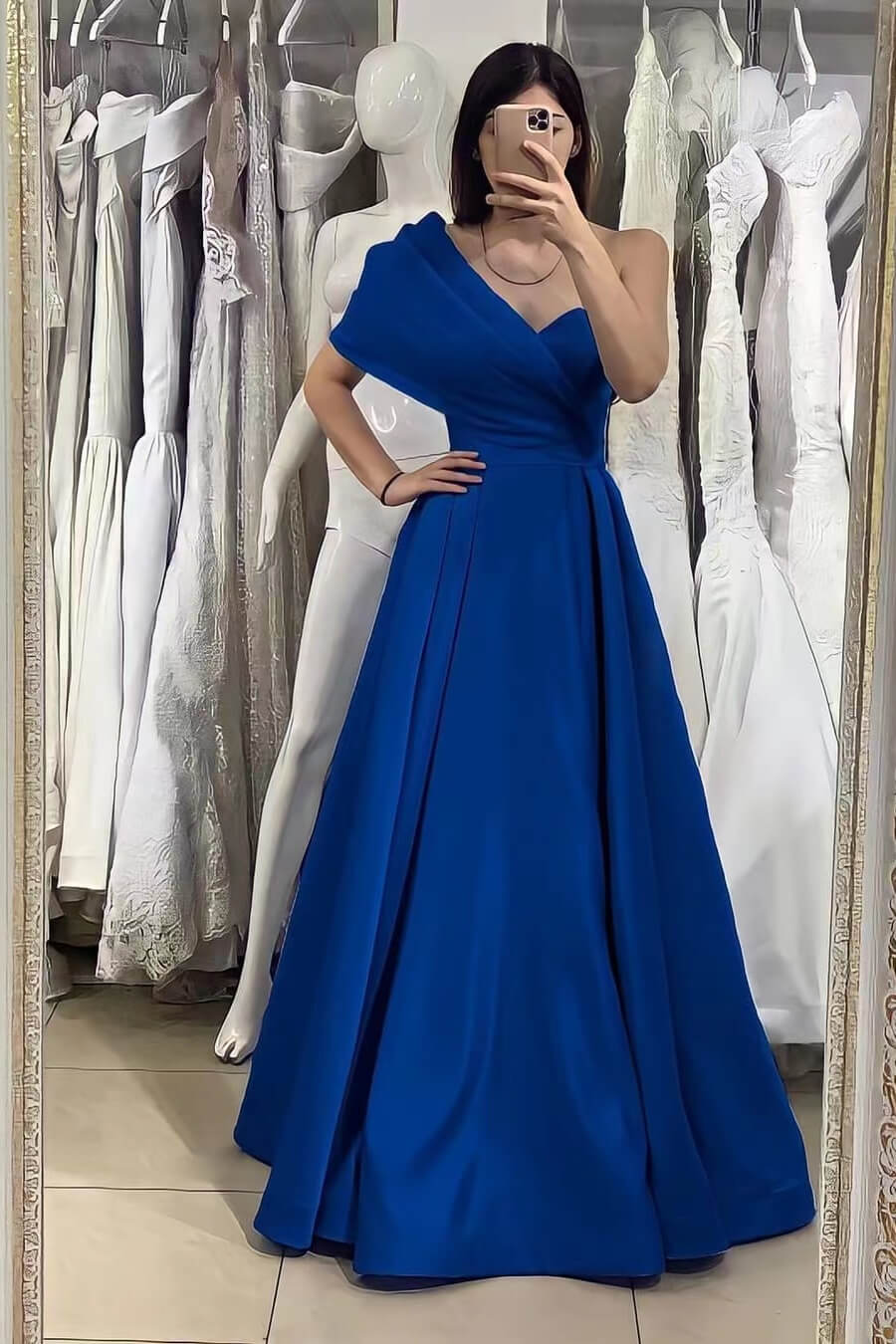 Elegant Royal Blue One Shoulder Sweetheart Evening Dress with Off the Shoulder Detail Online