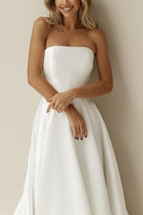 Elegant Satin Wedding Dress with A Line Silhouette Strapless Design Sleeveless Style and Sweep Train