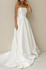 Elegant Satin Wedding Dress with A Line Silhouette Strapless Design Sleeveless Style and Sweep Train