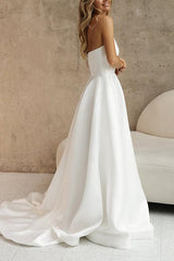 Elegant Satin Wedding Dress with A Line Silhouette Strapless Design Sleeveless Style and Sweep Train