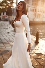 Elegant Satin Wedding Dress with A Line Sweetheart and Long Sleeves