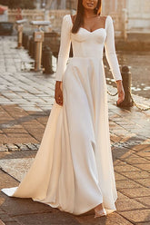 Elegant Satin Wedding Dress with A Line Sweetheart and Long Sleeves