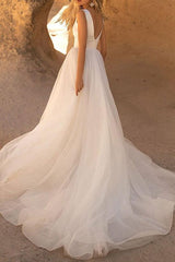 Elegant Satin/Tulle Wedding Dress with A Line V Neck and Sleeveless Design Court Train