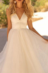 Elegant Satin/Tulle Wedding Dress with A Line V Neck and Sleeveless Design Court Train