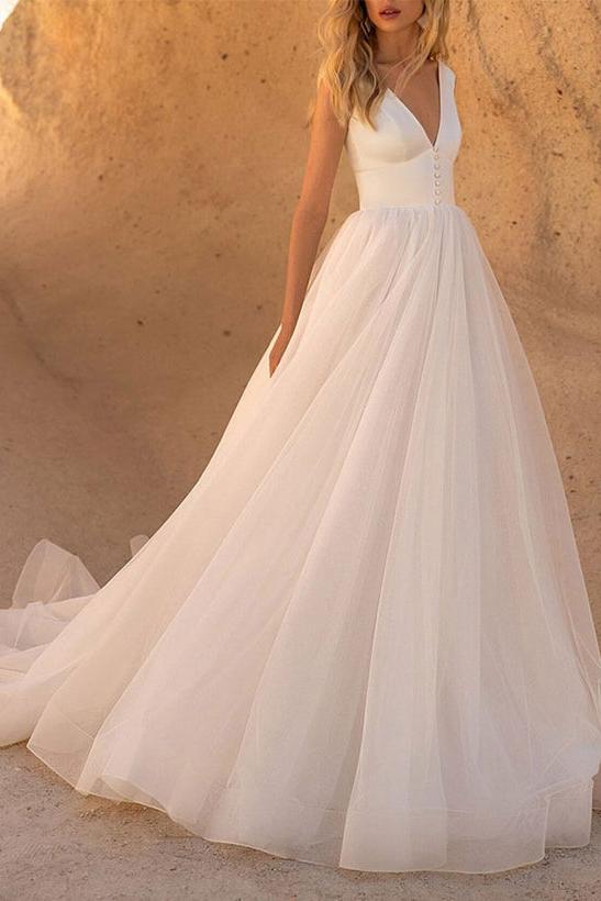 Elegant Satin/Tulle Wedding Dress with A Line V Neck and Sleeveless Design Court Train