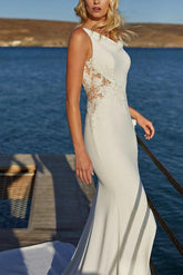 Elegant Trumpet Mermaid Cowl Neck Lace Elastic Satin Wedding Dress