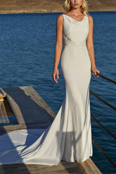 Elegant Trumpet Mermaid Cowl Neck Lace Elastic Satin Wedding Dress