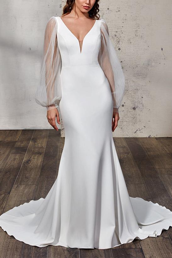 Elegant Trumpet Mermaid V Neck Long Sleeves Wedding Gowns