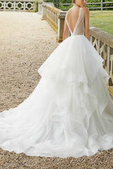 Elegant Tulle Cascading Ruffles V neck Wedding Dress