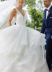 Elegant Tulle Cascading Ruffles V neck Wedding Dress