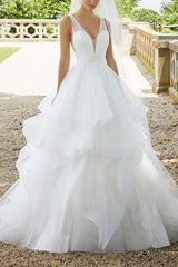 Elegant Tulle Cascading Ruffles V neck Wedding Dress