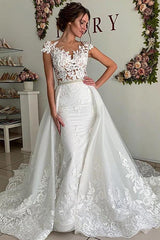 Elegant Tulle Wedding Dress Mermaid Lace Appliques with Panel Train
