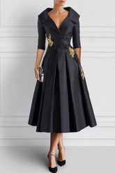 Elegant V Neck A Line Tea Length Mother of the Bride Dresses with Appliques