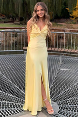 Elegant Yellow V-Neck Back Satin Gown With Front Twist Formal Evening Gown