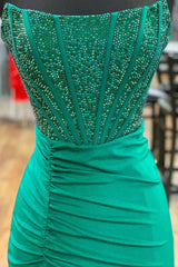 Emerald Green Prom Dress Beaded Corset Mermaid Long Formal Dress With Slit